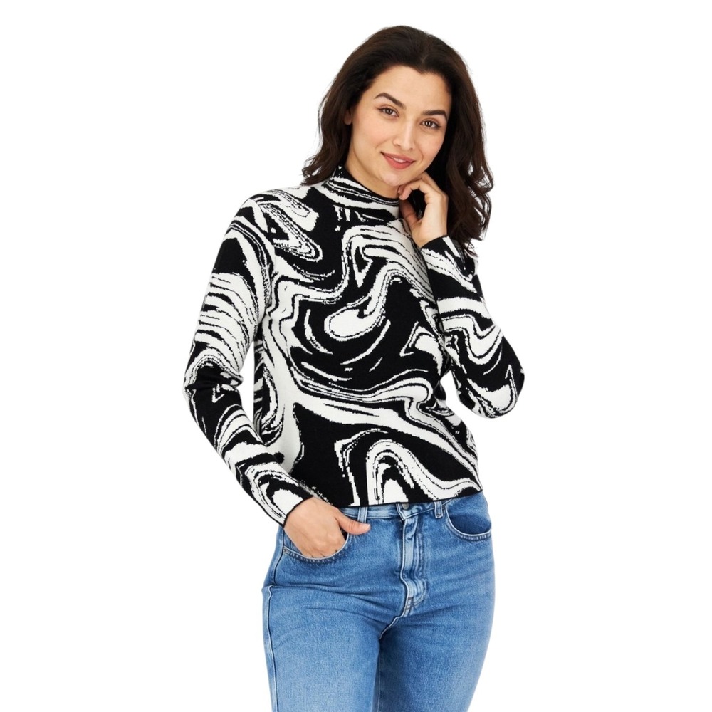 Industry Republic Artistic Chic Marble Swirl Mock Neck Sweater Black White L NWT